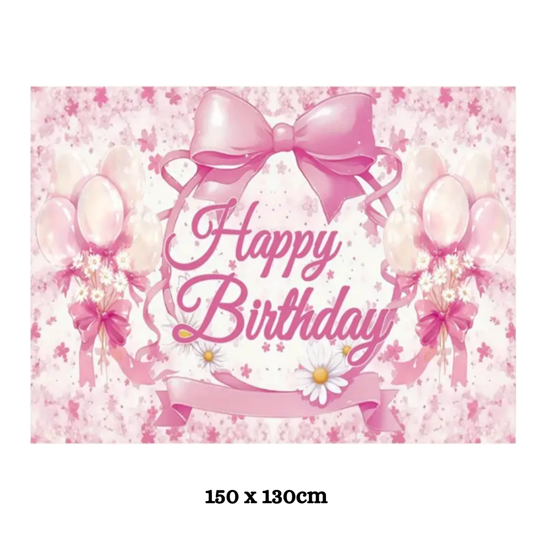 Pink Bow Balloons Flowers Daisy Happy Birthday Backdrop