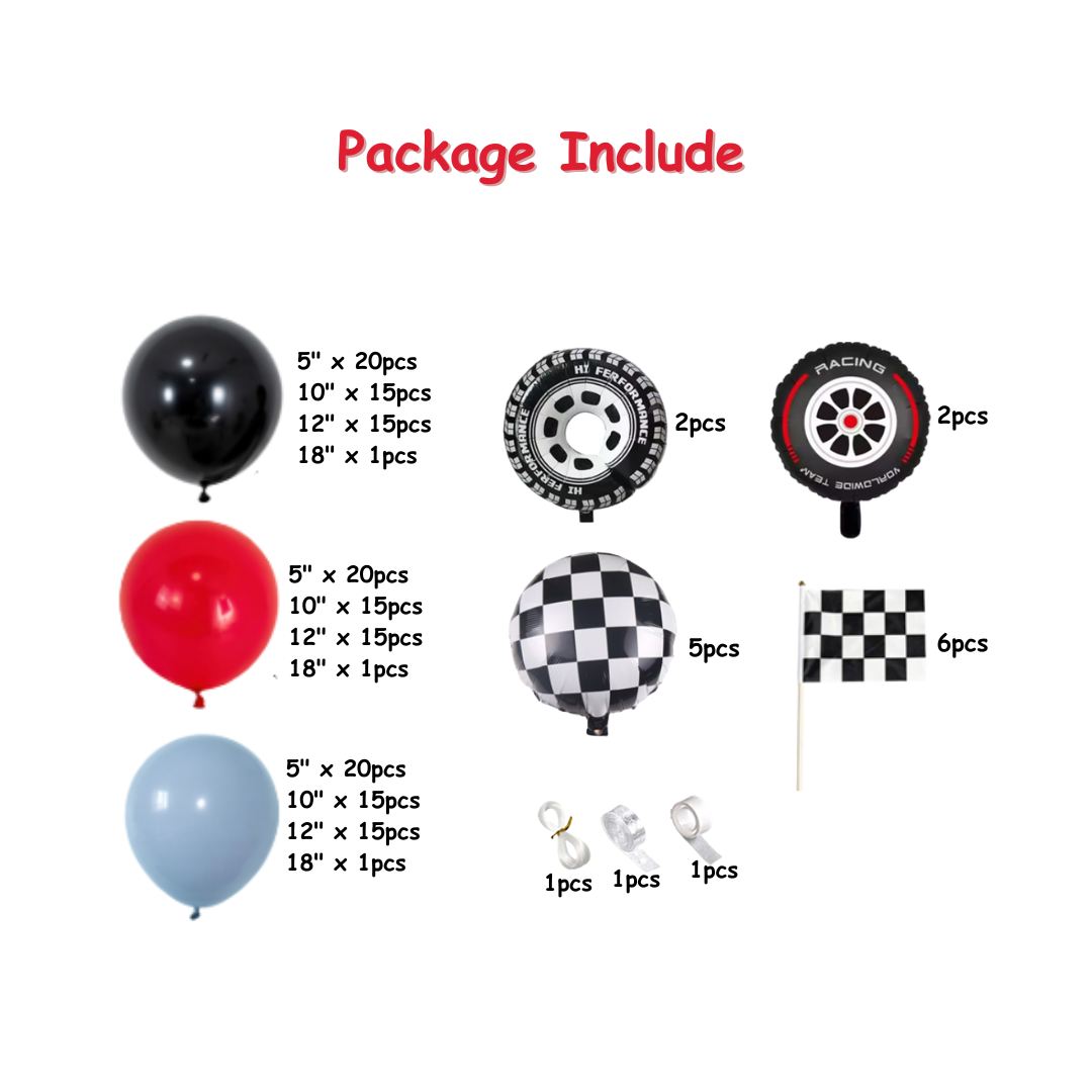 171pcs Red Blue and Black Racing Car Balloon Decorations Kit with Tire and Flag