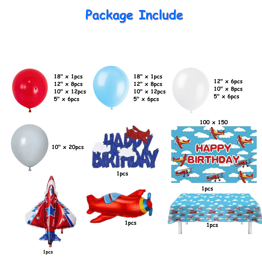 99pcs Blue and Red airplane themed Birthday Balloon Set with Table cover and Backdrop