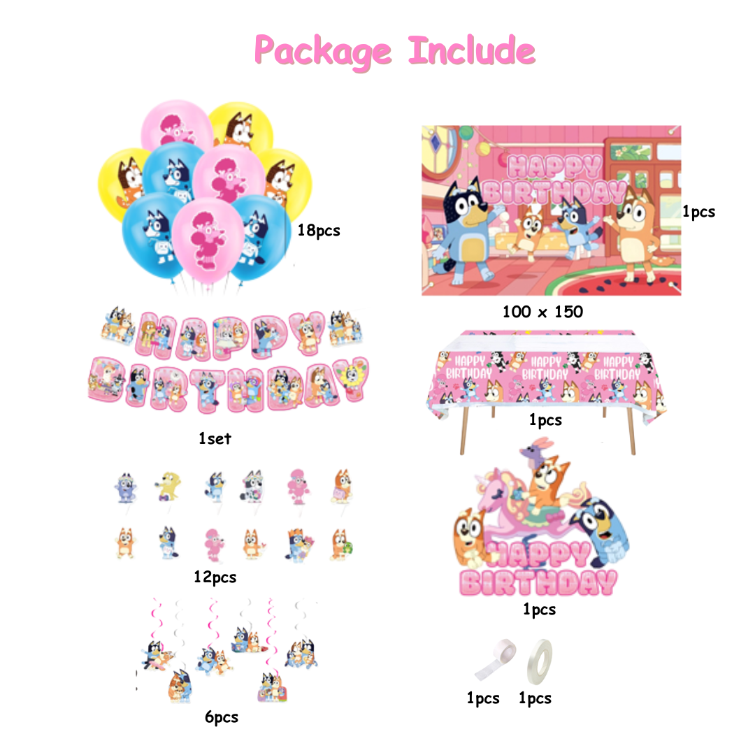 42pcs Bluey Pink Theme Birthday Balloon set with Table cover and Backdrop