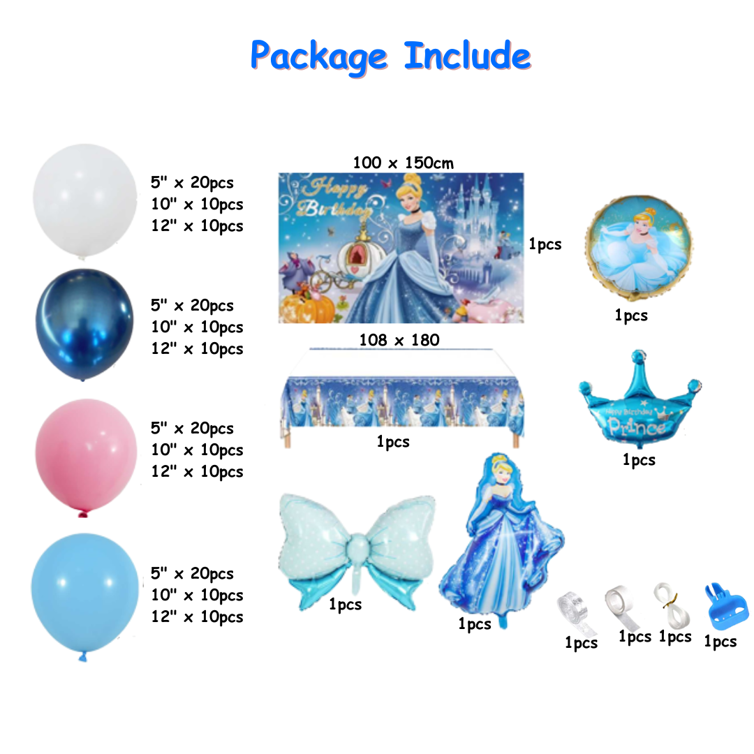171pcs Blue Princess Cinderella Balloons Garland Kit with Table cover and Backdrop