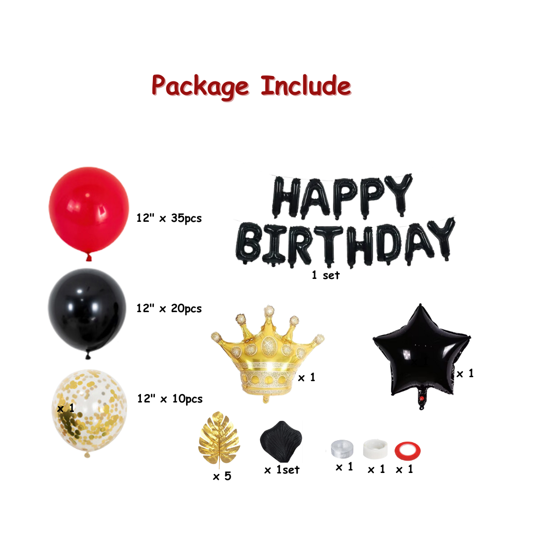 77pcs Red, Black and Gold Birthday Decorations with Banner, Foil Curtains, Rose Petals and Gold Leaves