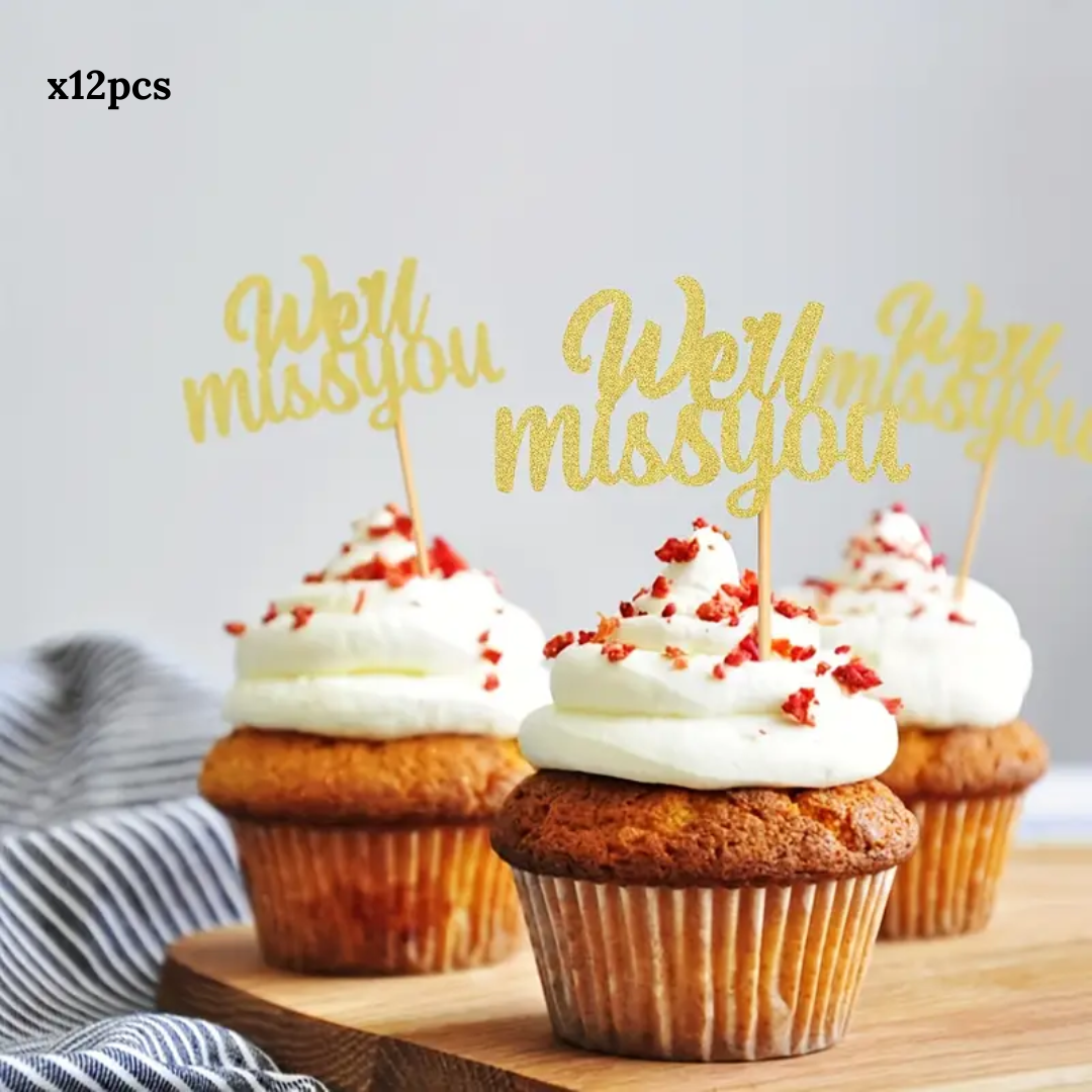 12pcs Gold Glitter We Will Miss You Cup Cake Topper
