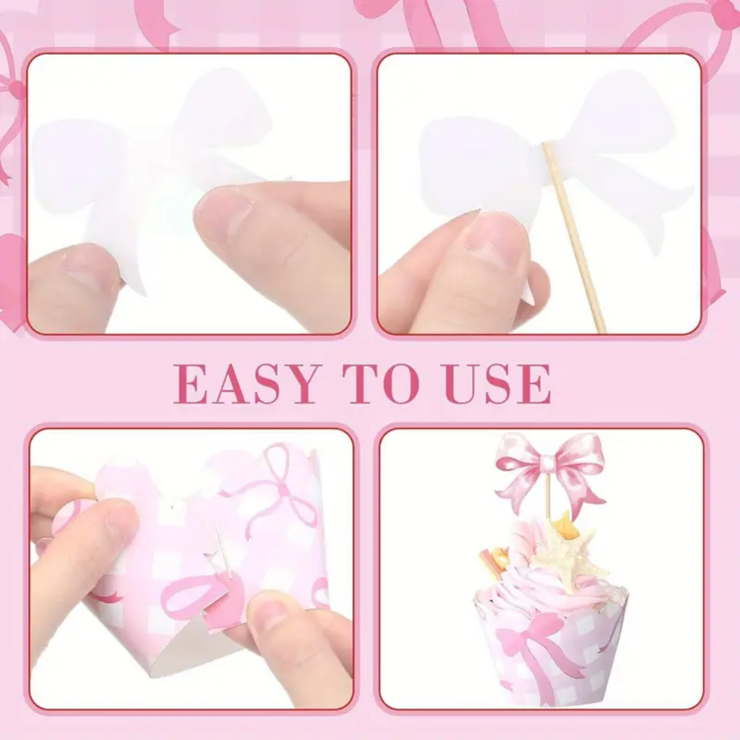 16pcs Pink Bow Birthday Cupcake topper
