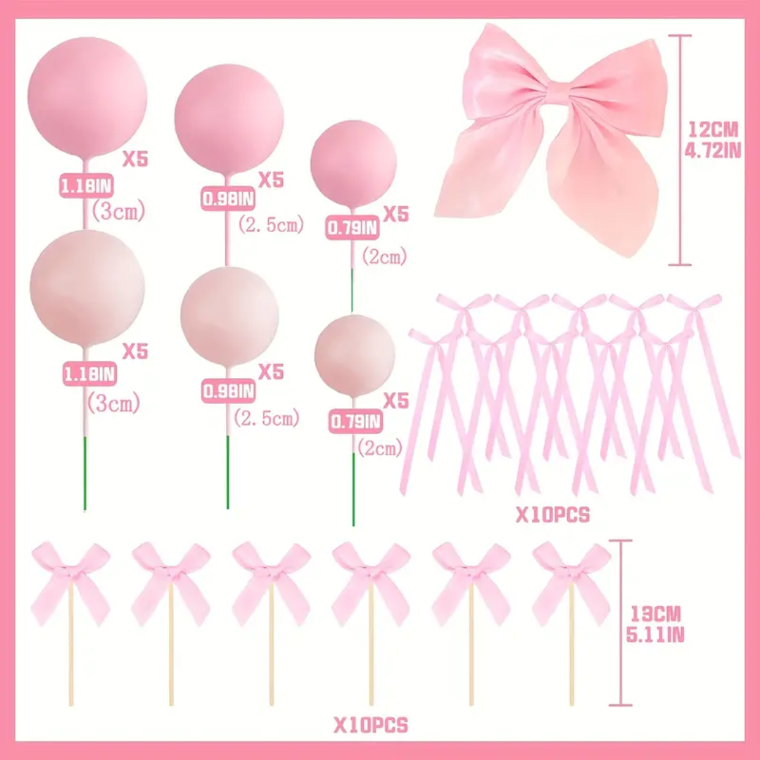 51pcs pink bow Ball Birthday Cake Toppers