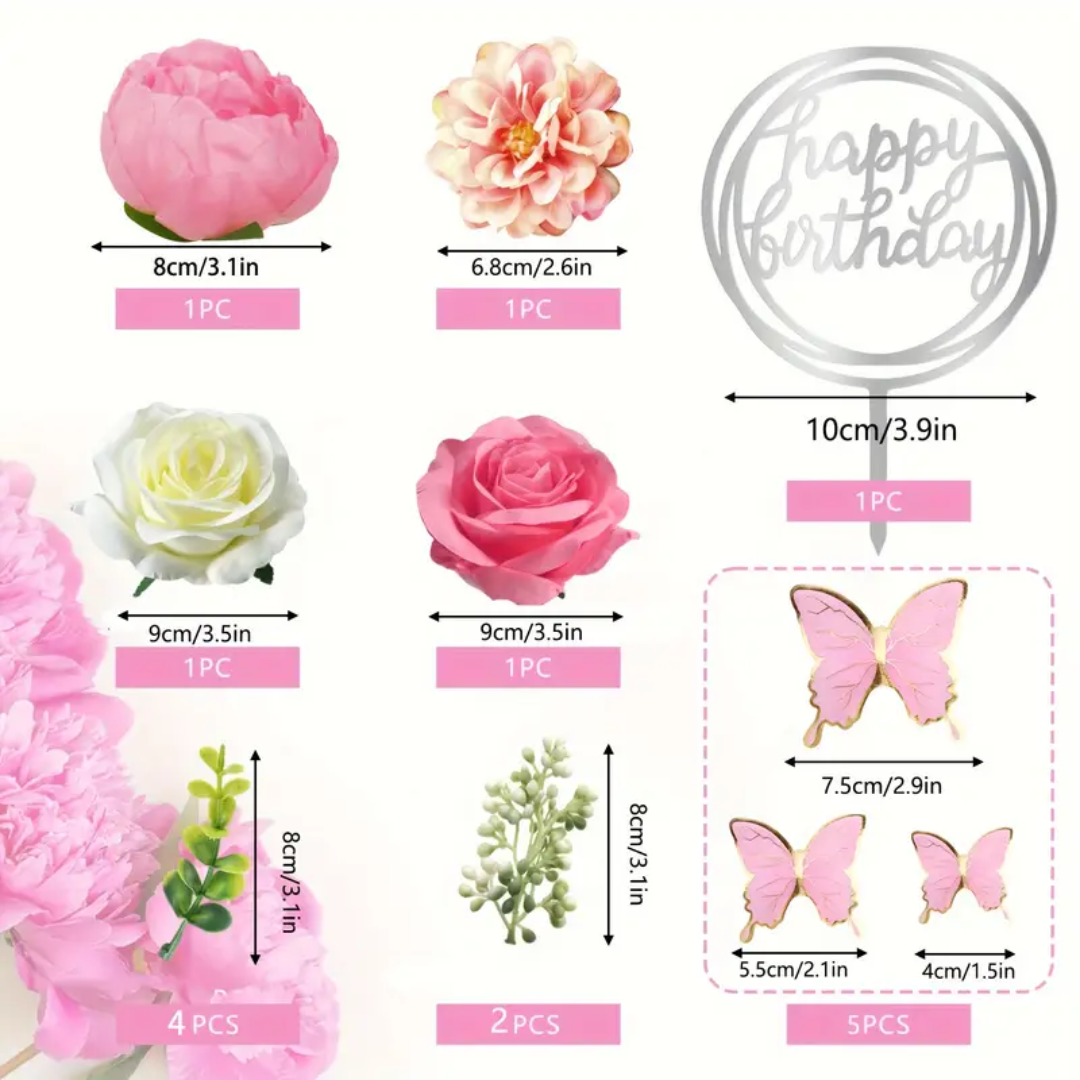 16pcs happy birthday Cake topper with Butterfly, Pink Rose and Artificial Flower