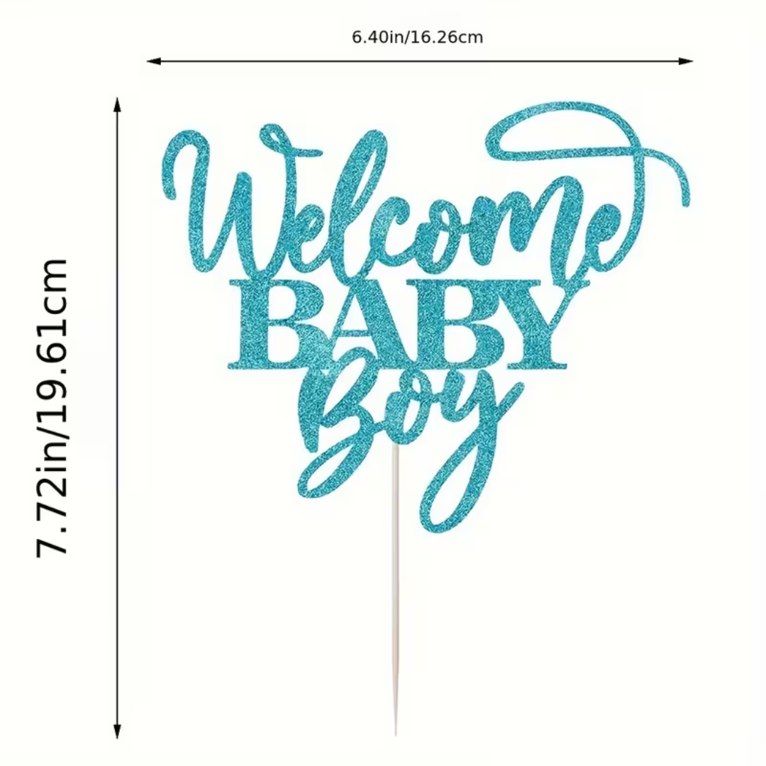 Glitter Blue Welcome Baby Boy Cake Topper