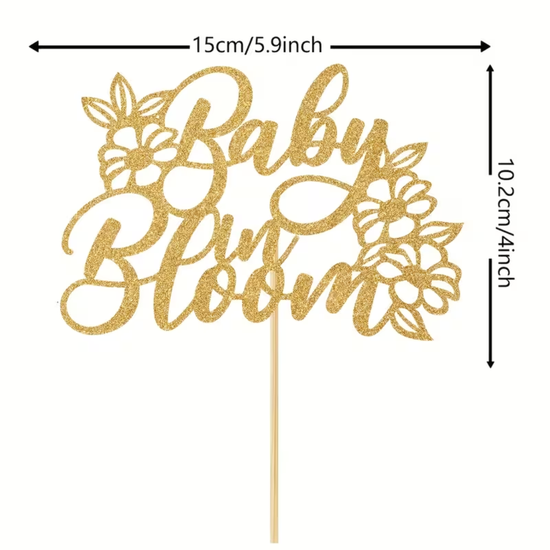Gold Baby in Bloom Cake Topper with Glitter Flowers