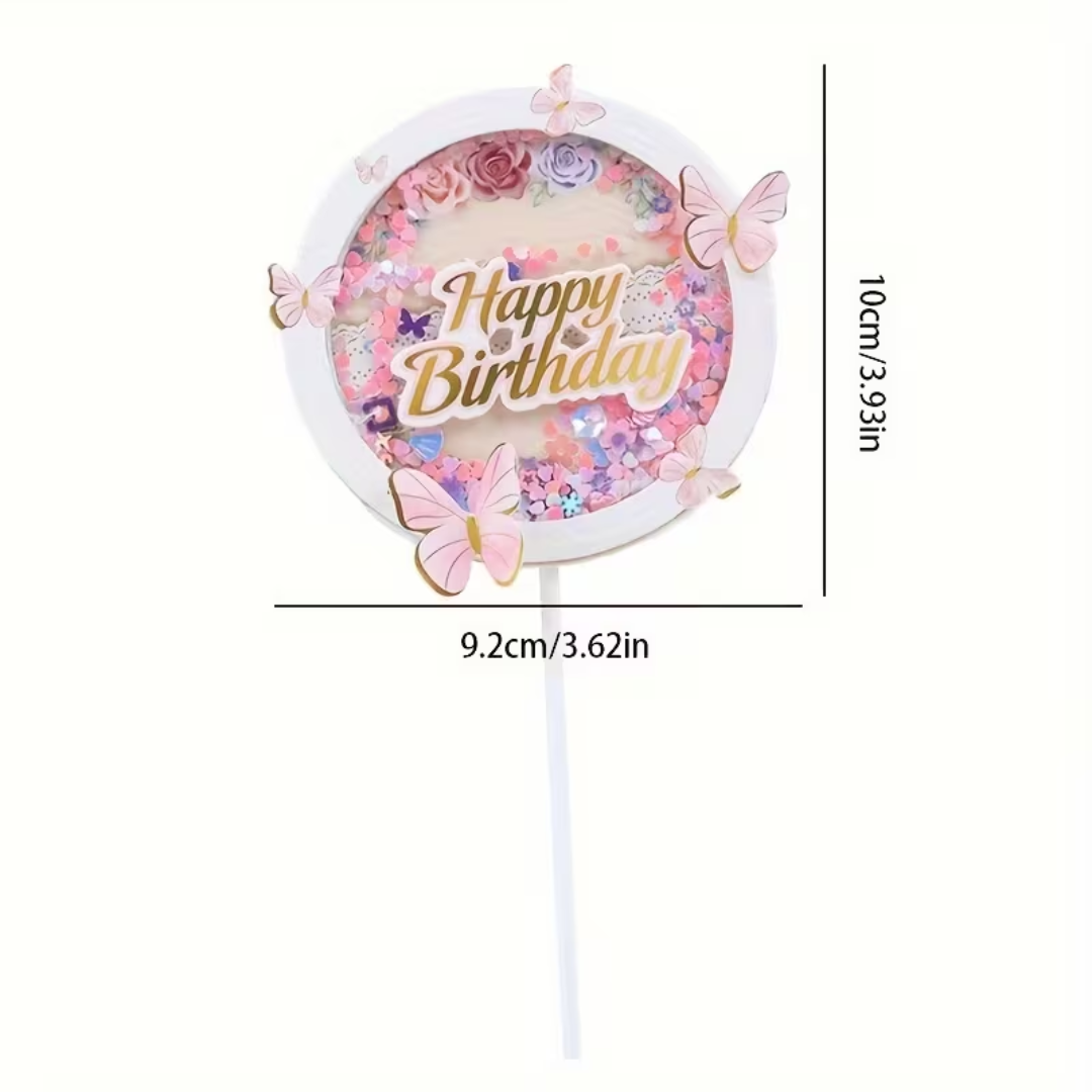 Glitter Butterfly Theme Round Shaped Cake Topper