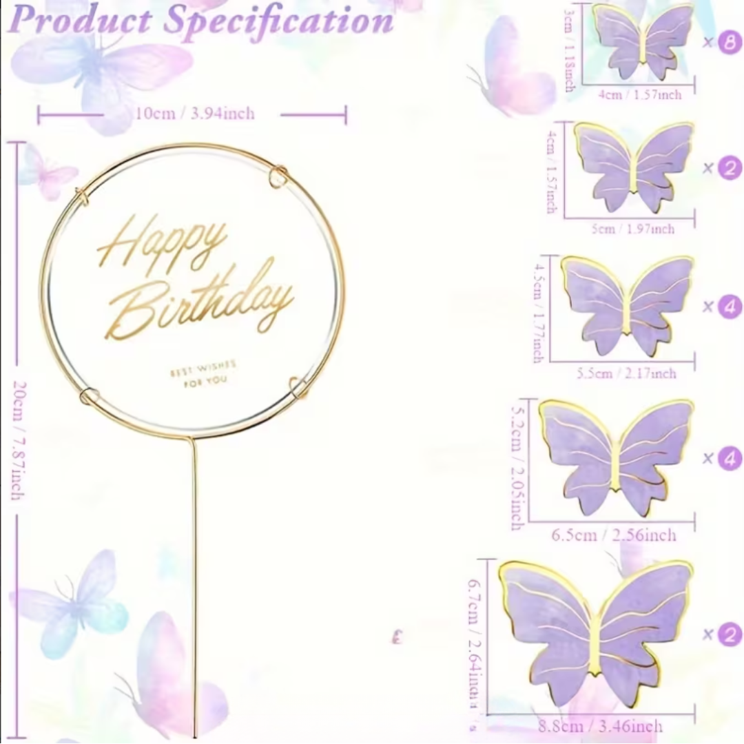 21pcs Purple Butterfly Cake Decorations with Happy Birthday Cake Topper