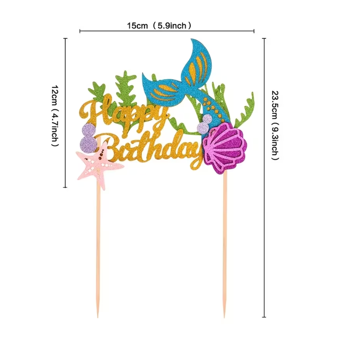 1pcs Mermaid Tail, Shell and Starfish Glitter Cake Topper