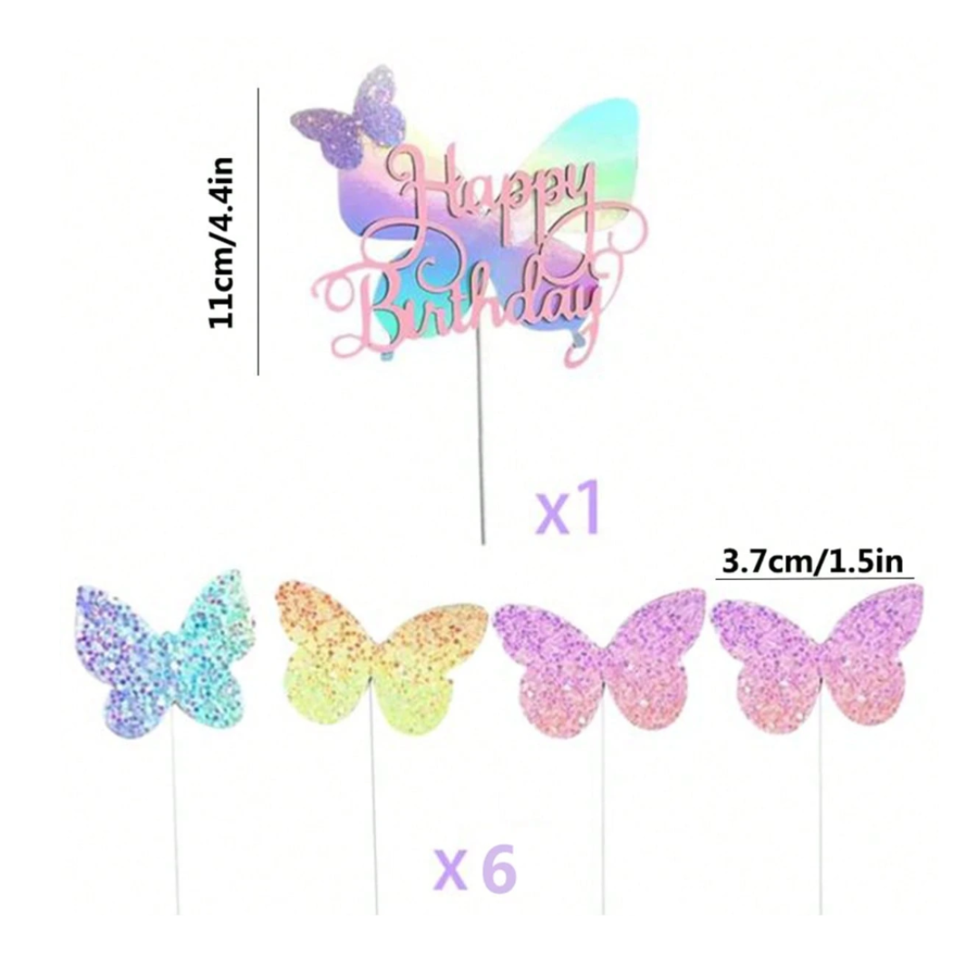 6pcs/Set Pink Butterfly Happy Birthday Ombre Sequin Cake Toppers