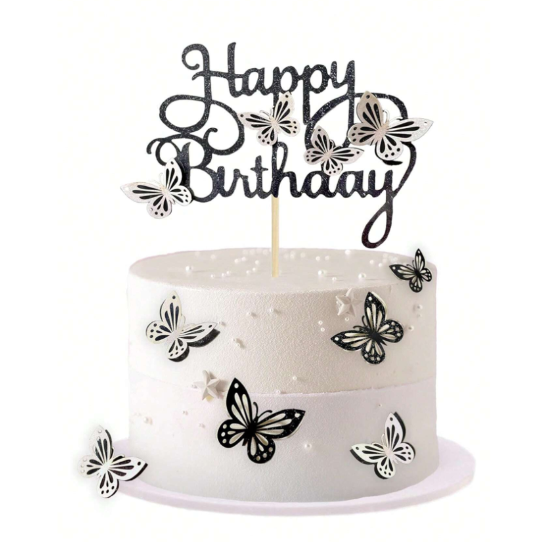 13Pcs Black and Silver Butterfly Happy Birthday Cake Topper