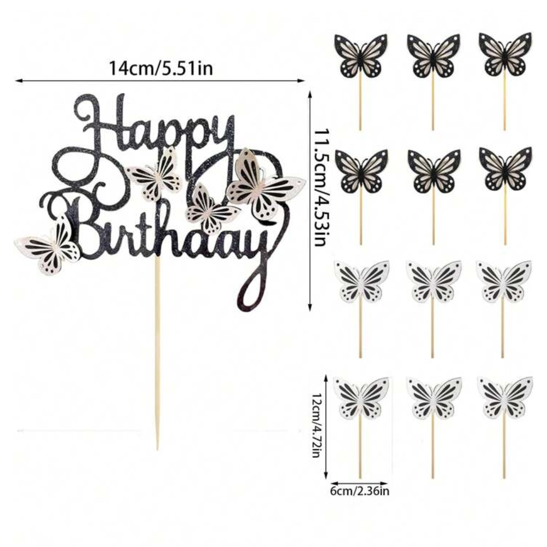 13Pcs Black and Silver Butterfly Happy Birthday Cake Topper