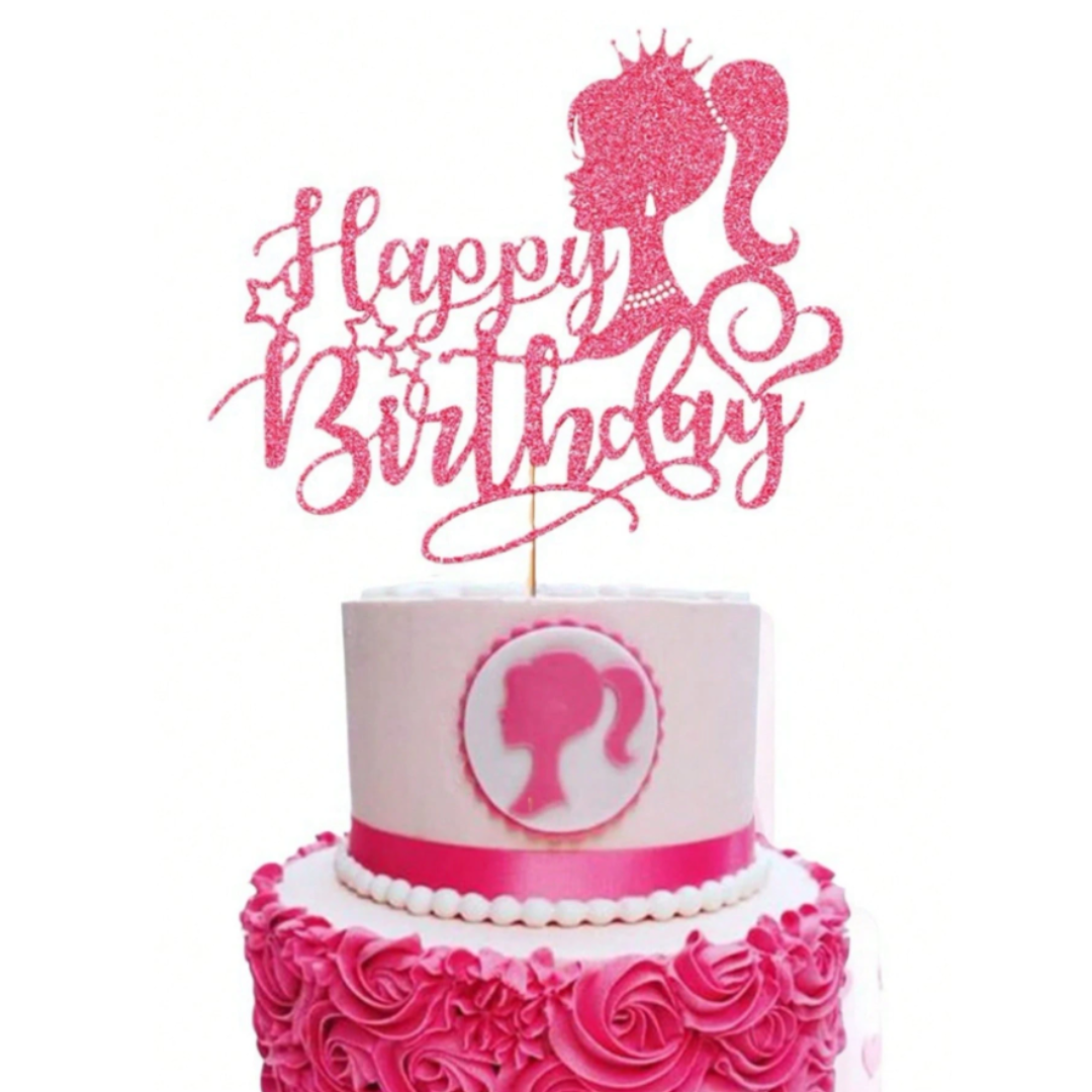 Pink Princess Happy Birthday Cake Topper