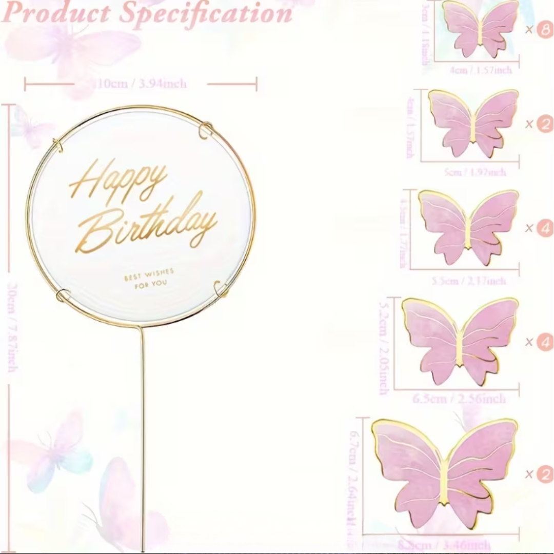 21pcs Pink Butterfly Cake Decorations with Happy Birthday Cake Topper