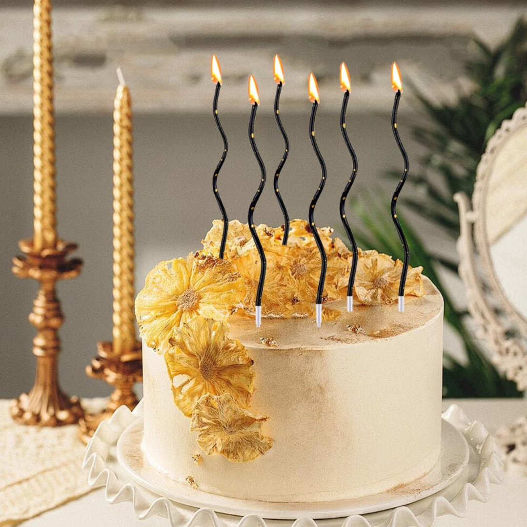 6pcs Black and Gold Dot Curved Cake Candle