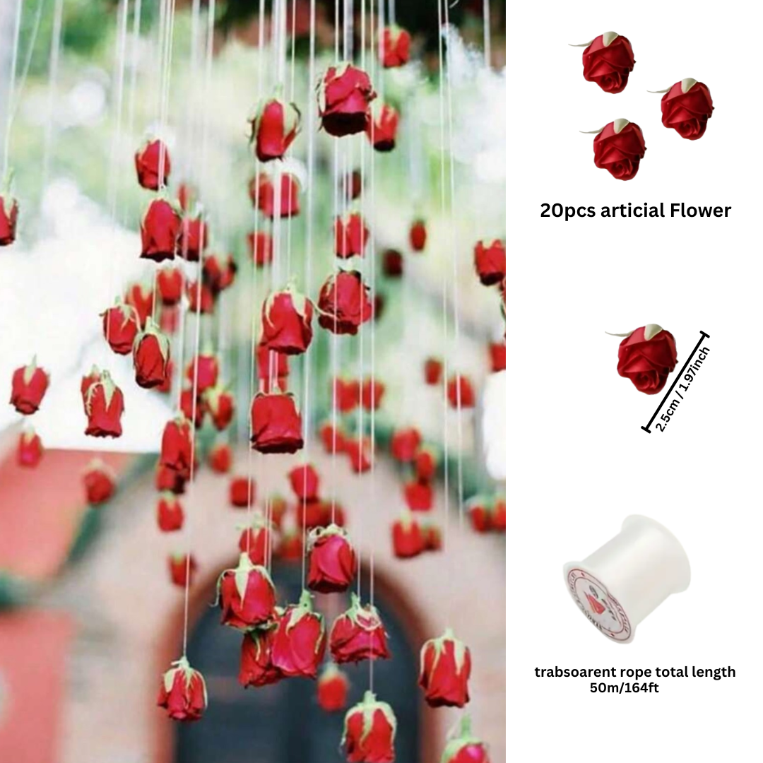 21pcs DIY Set, 20 Artificial Red Rose and 1 Roll of Transparent String