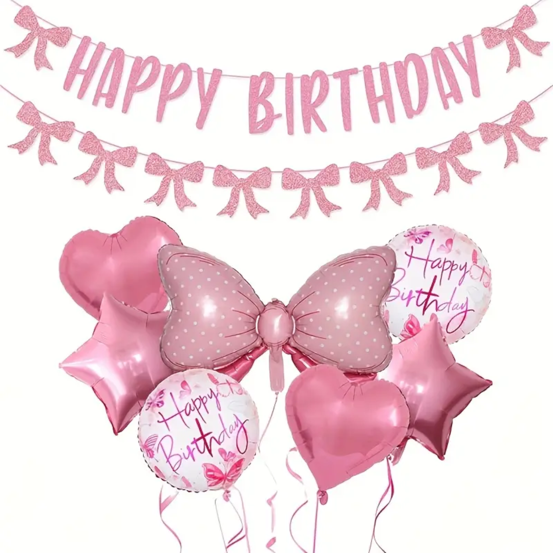 Pink Bow Themed Happy Birthday Party Banner and Decorations