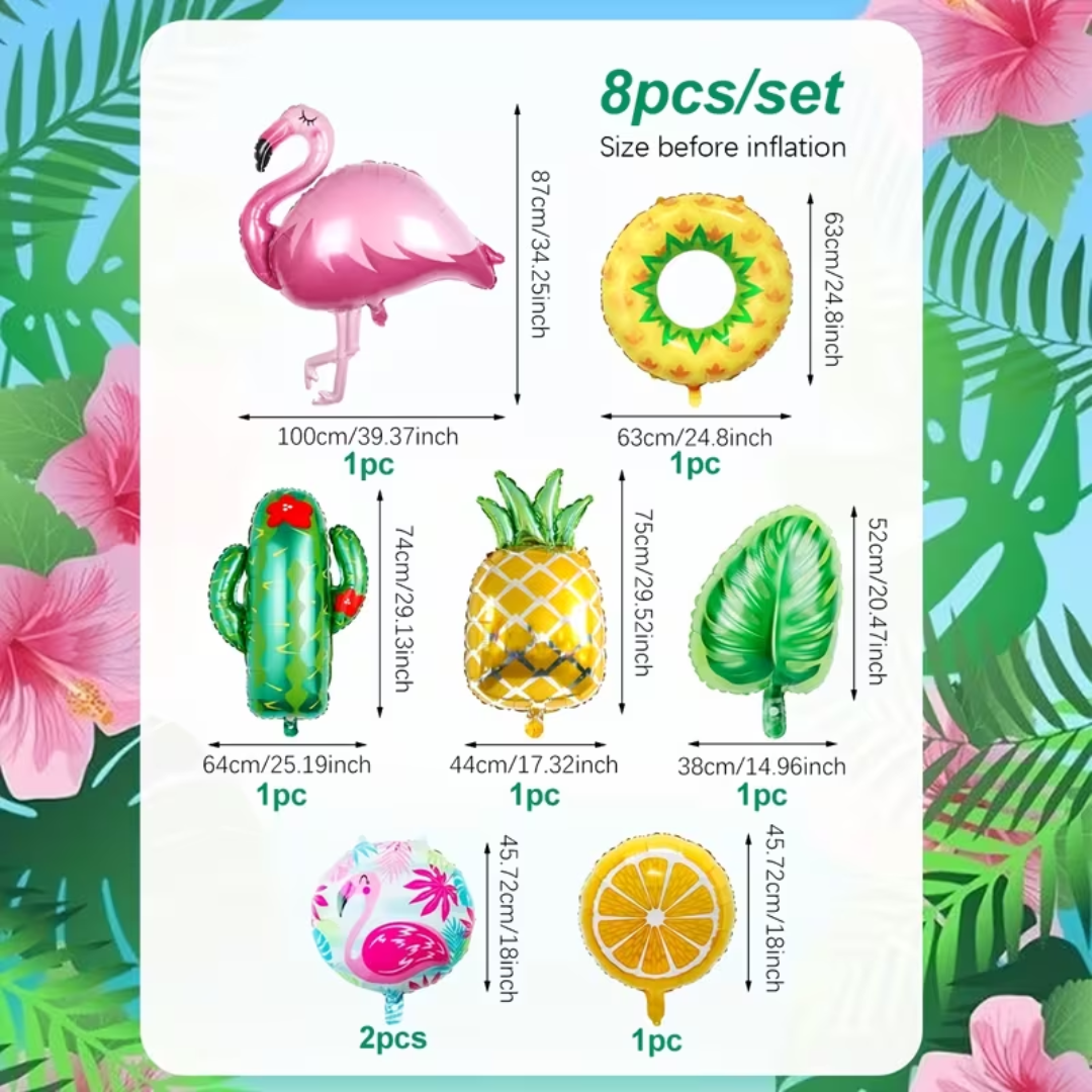 8pcs Hawaiian Balloon Set Flamingo Pineapple Cactus Foil Balloons