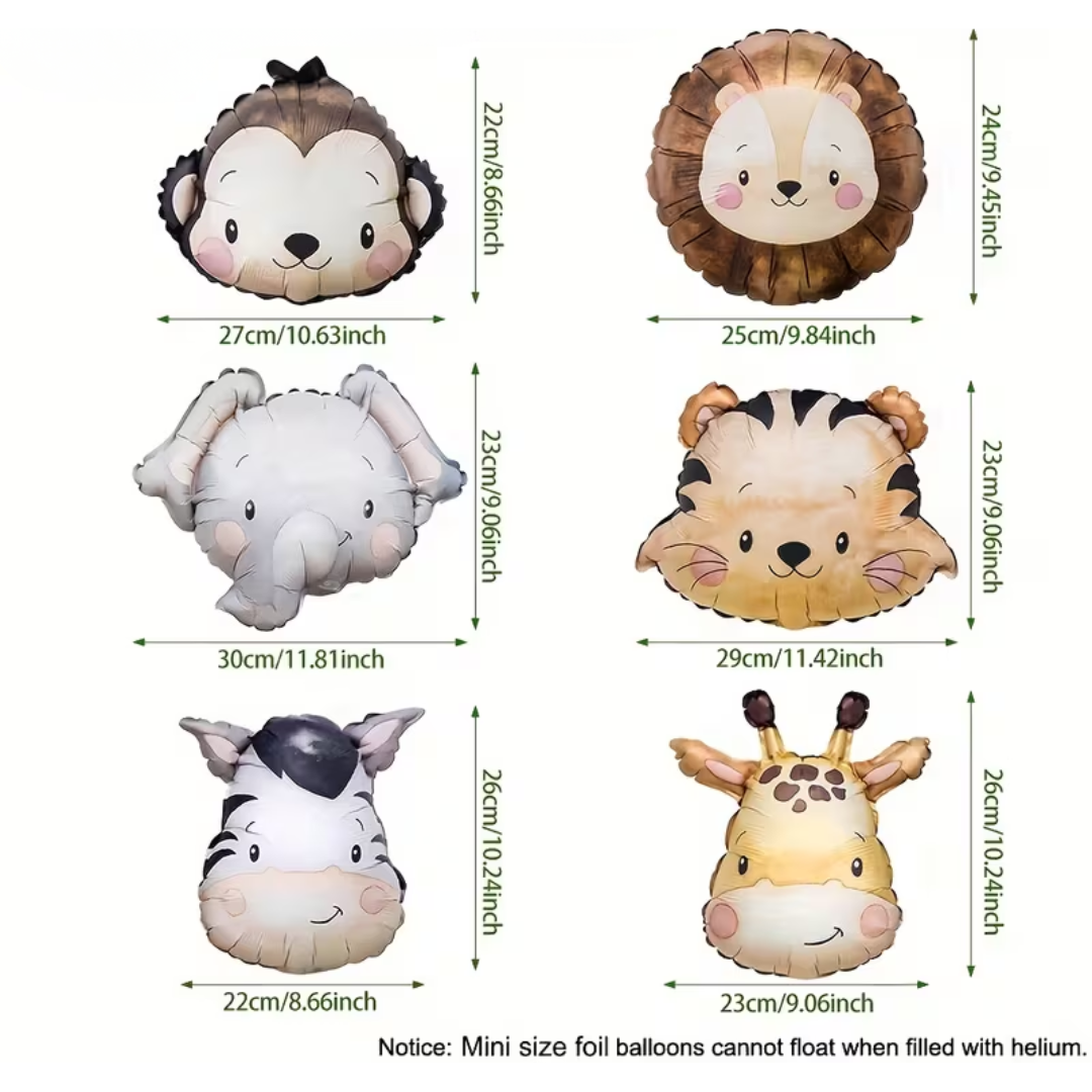 6pcs Safari Friends Retro Jungle Animals Head Mini Foil Balloon Lion Tiger Giraffe