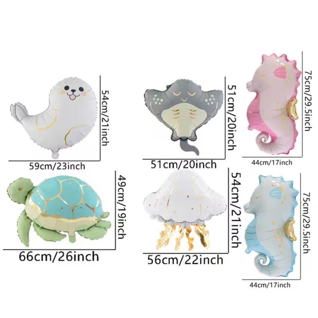 6pcs Ocean Friends Ray, Jellyfish, Sea Turtle, Seahorse Foil Balloons