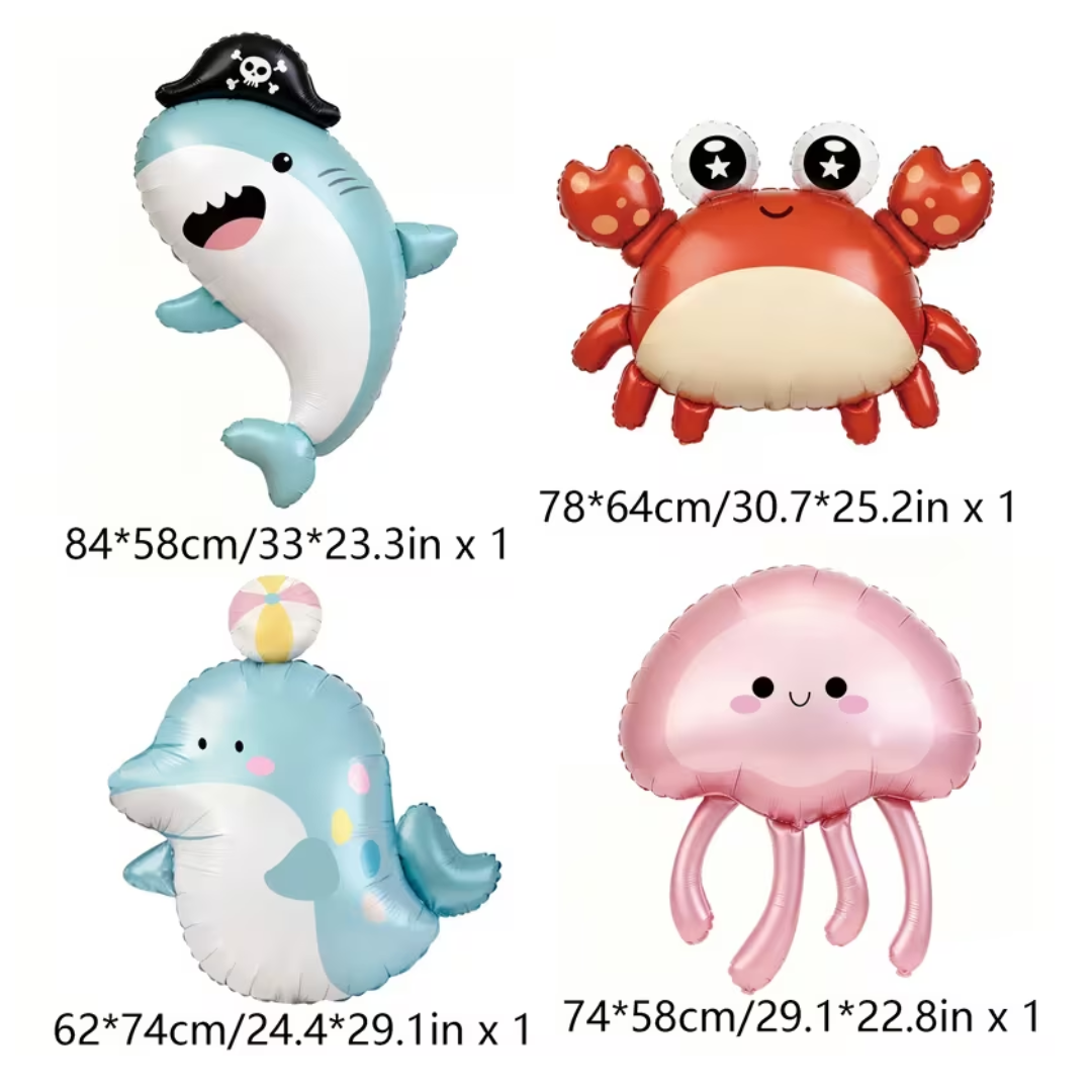4pcs Sea Buddies Shark, Dolphin, Jellyfish and Crab Foil Balloon Set