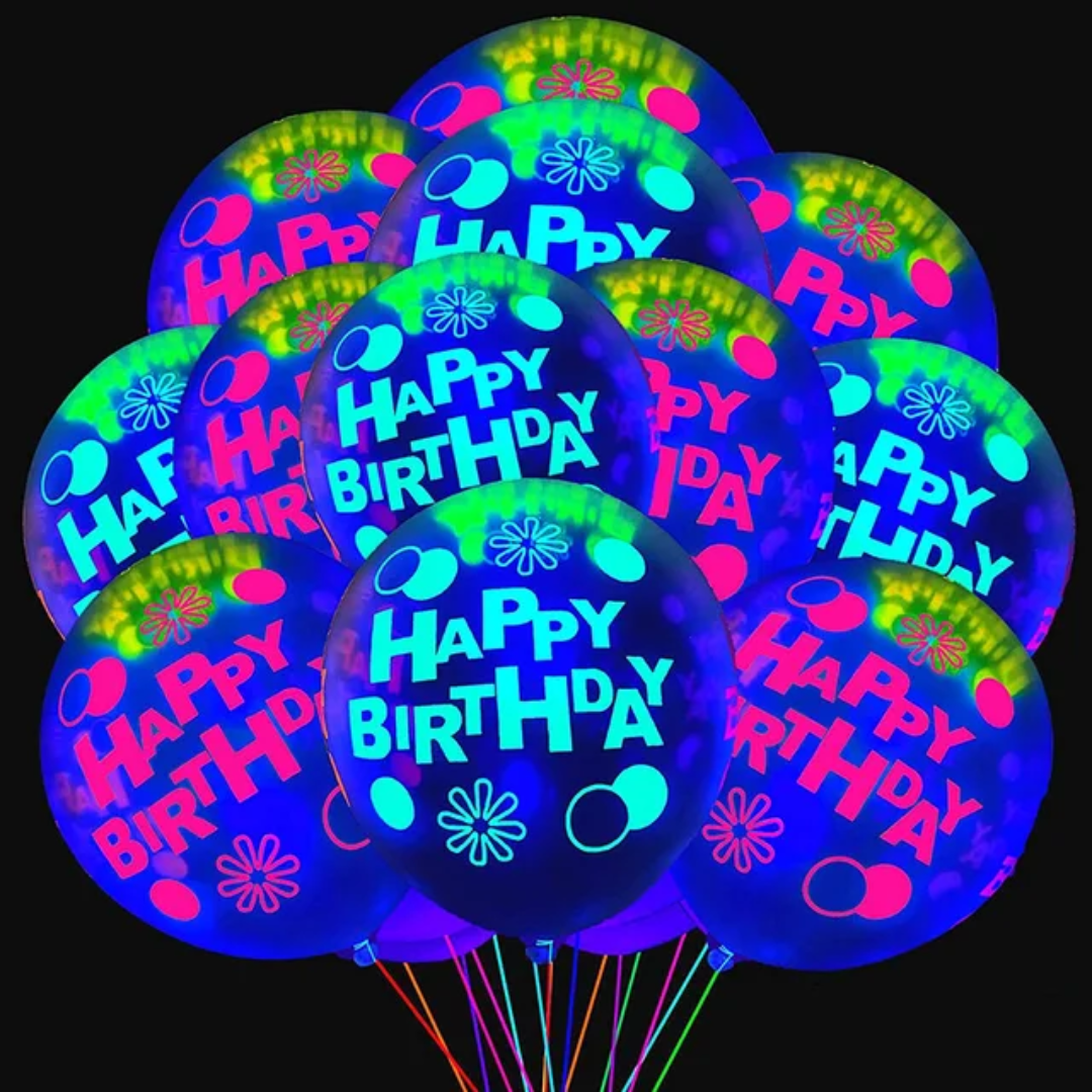 12inch UV Neon Balloons, Blacklight Reactive Fluorescent Balloons Glow in the Dark Happy Birthday Balloon