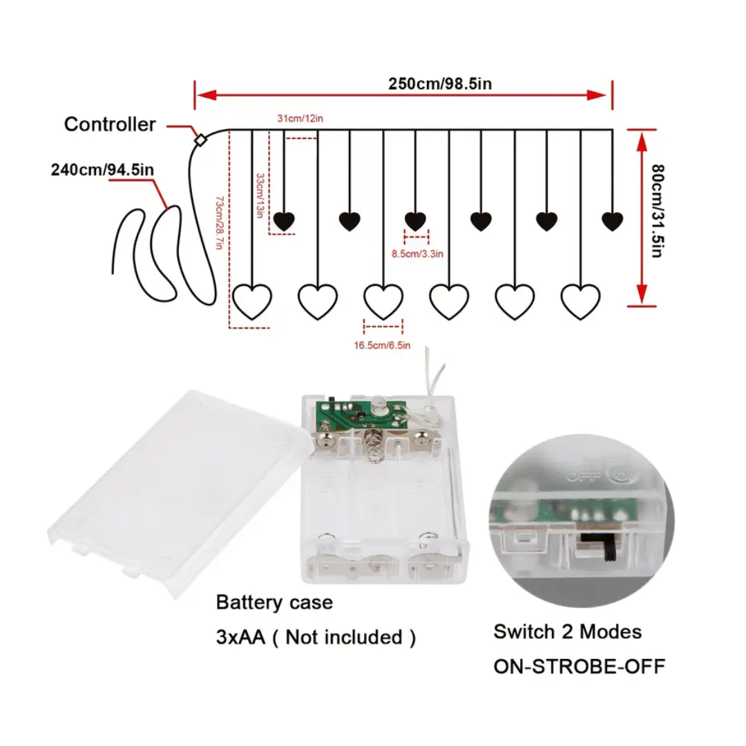 3.5m 12 hang Curtains Style 220V European Plug Warm color Heart String Light for Rent