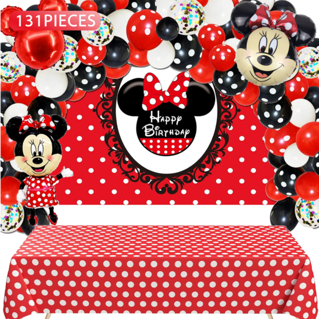 131pcs Red and Black Minnie Mouse Birthday Decorations Kit with Backdrop and Table Cover