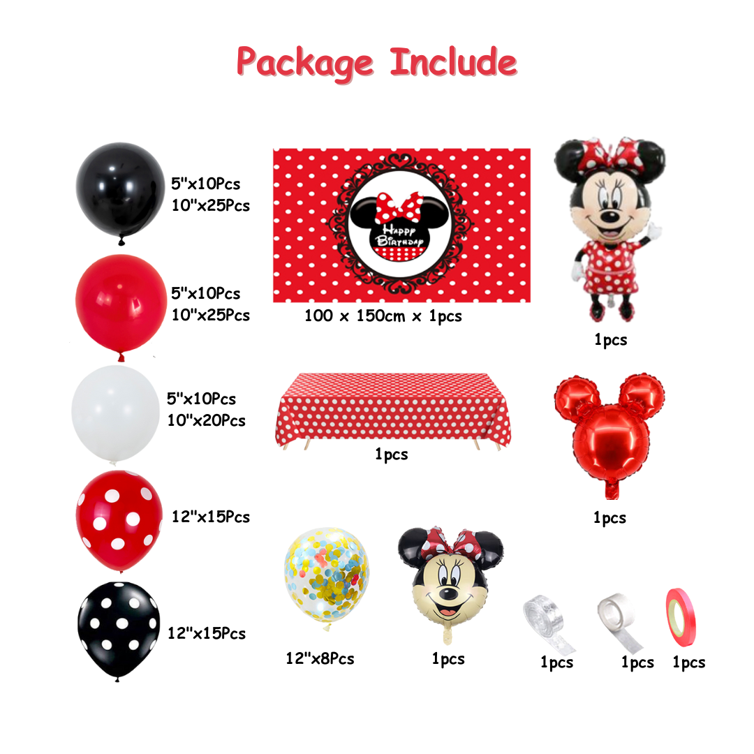 131pcs Red and Black Minnie Mouse Birthday Decorations Kit with Backdrop and Table Cover