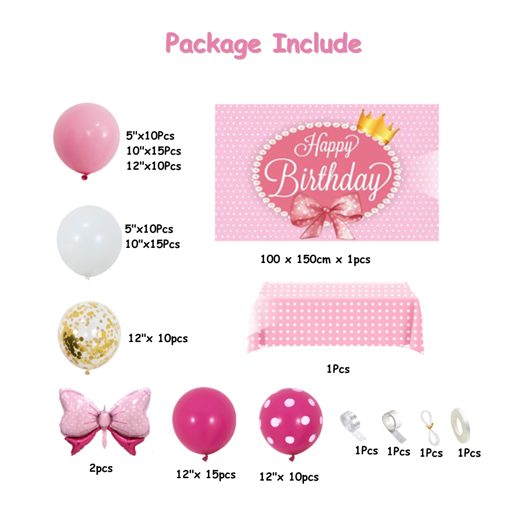 103pcs Pink Bow Balloon Kit with Backdrop and Table Cover
