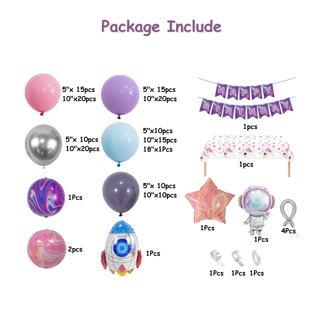 161pcs Girl Pink Purple Outerspace Balloon Decorations with Banner and Table Cover