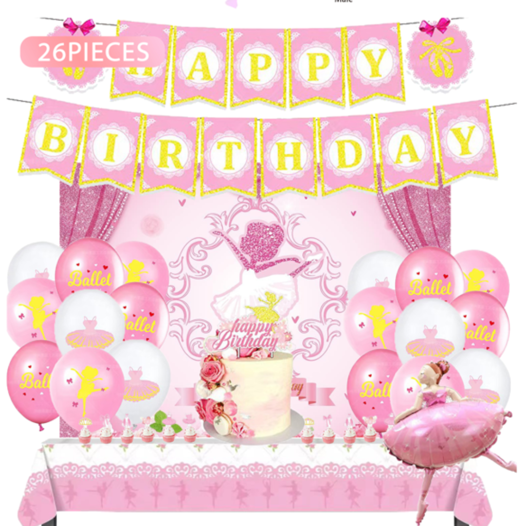 26pcs Pink Ballerina Ballet Birthday Balloon Decoration with Backdrop and Table Cover