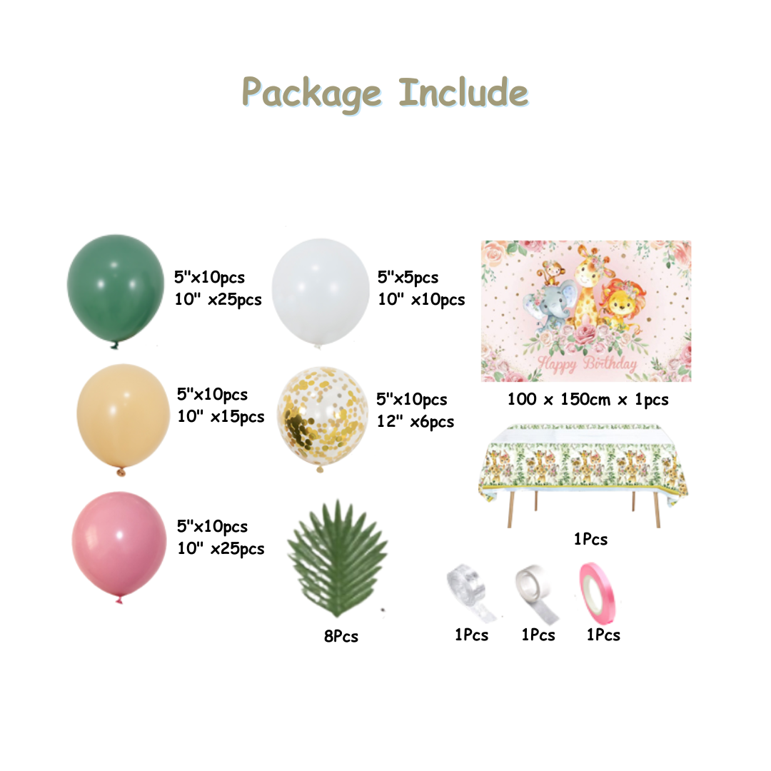 134pcs Pink Safari Animal Birthday Balloon Decoration with Backdrop and Table Cover