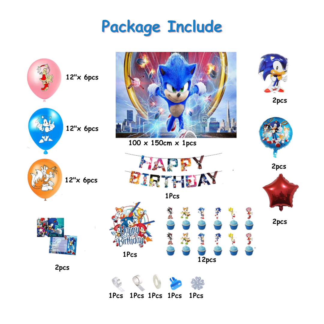 34pcs Blue Sonic Birthday Party Decorations with Backdrop