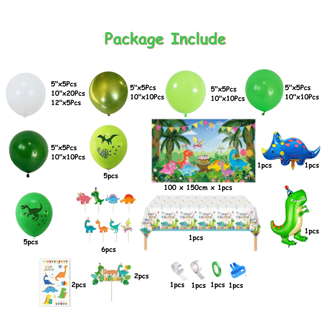 107pcs Green Dinosaur Birthday Decorations with Balloon Sets, Backdrops, Table Cover and Cake Toppers