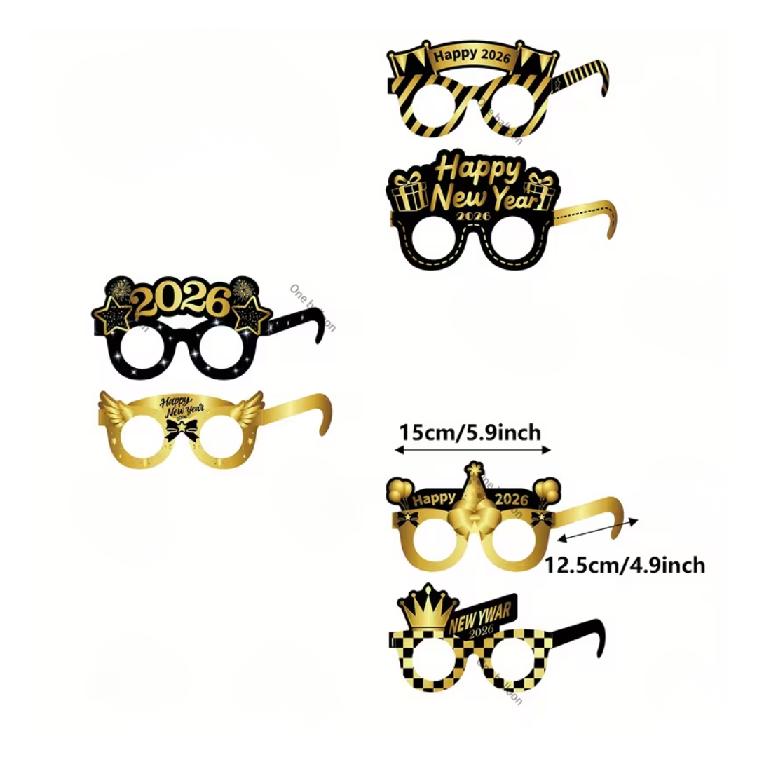 6pcs 2026 Happy New Year Black Golden New Year Paper Glasses