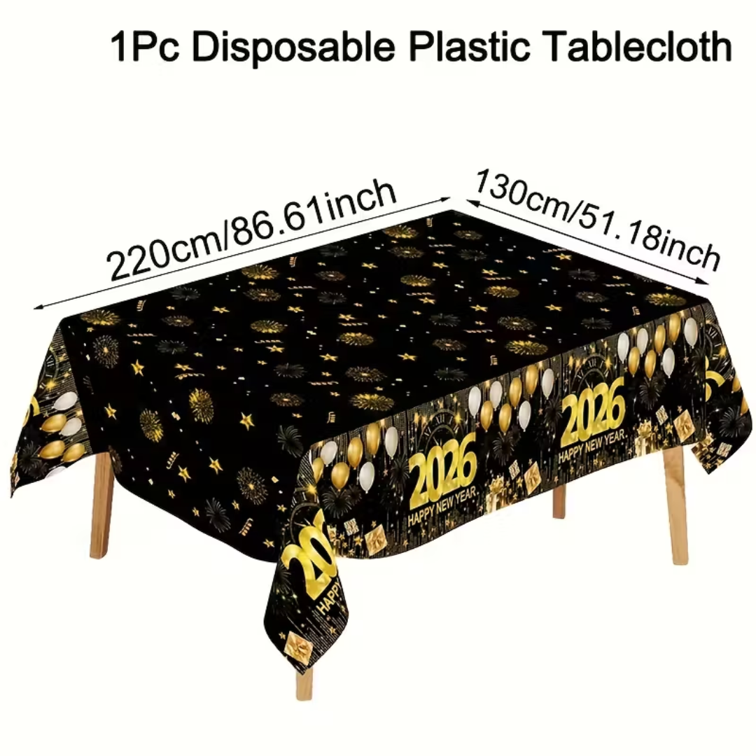 Black Golden Happy New Year 2026 Table Cover