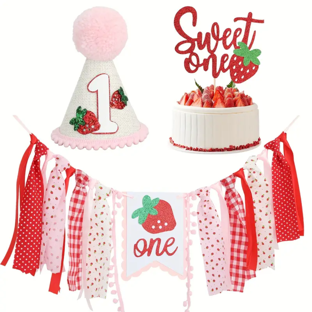 3pcs Strawberry Birthday Banner, Hat and Cake Topper