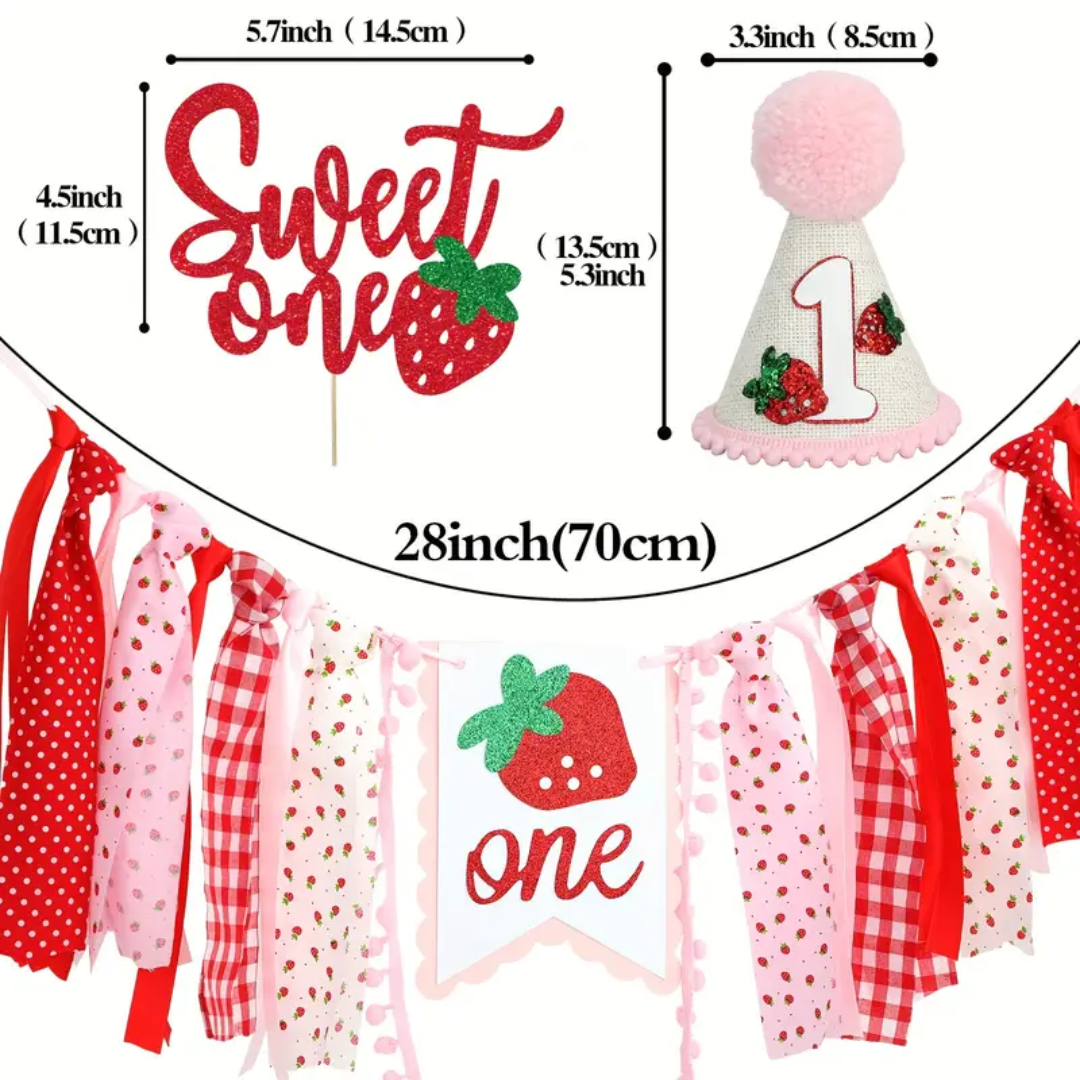 3pcs Strawberry Birthday Banner, Hat and Cake Topper