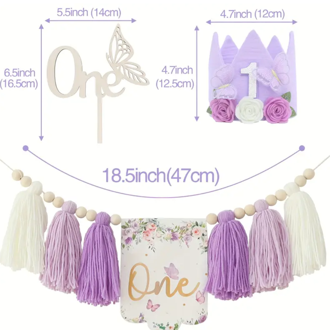 3pcs one Purple Butterfly Birthday Banner, Hat and Cake Topper