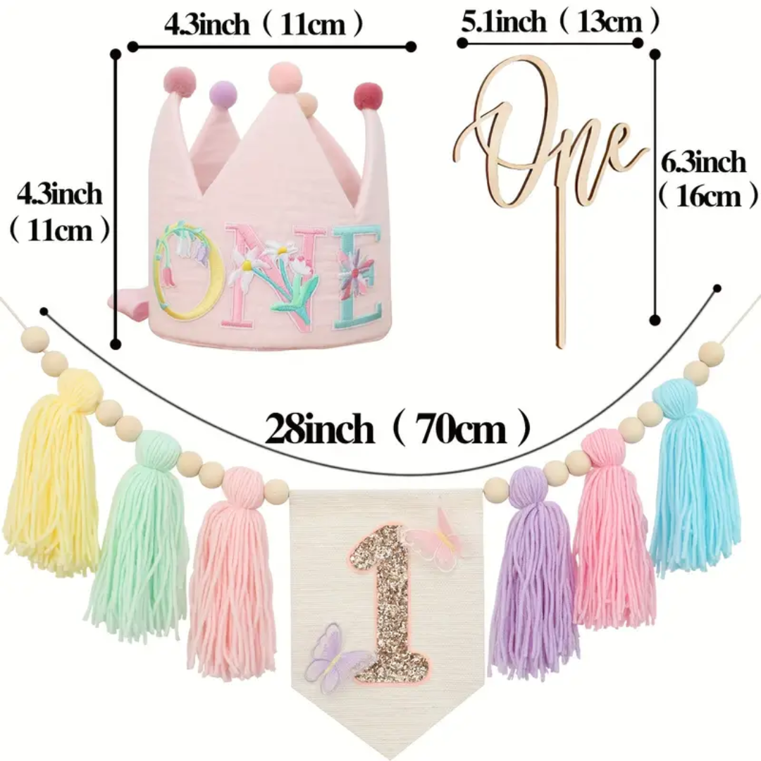 3pcs One Butterfly Birthday Banner, Hat and Cake Topper