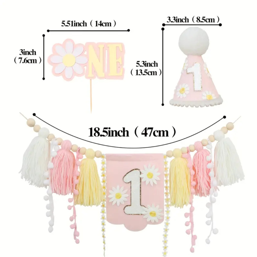 3pcs one Daisy Flowers Birthday Banner, Hat and Cake topper