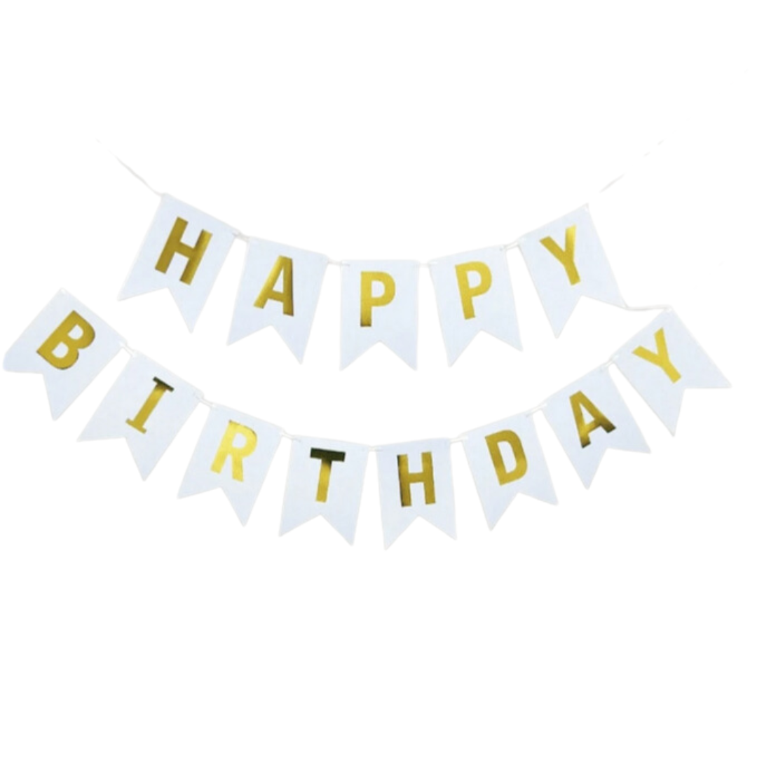 White and Gold Happy Birthday Paper Banner