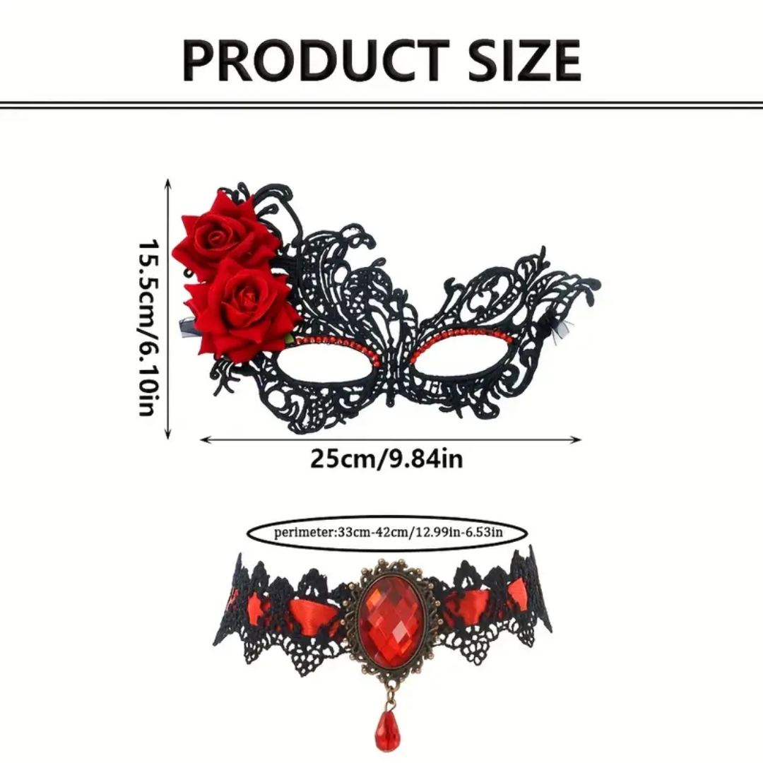 2pcs Rose Lace Party Mask with Choker Necklace