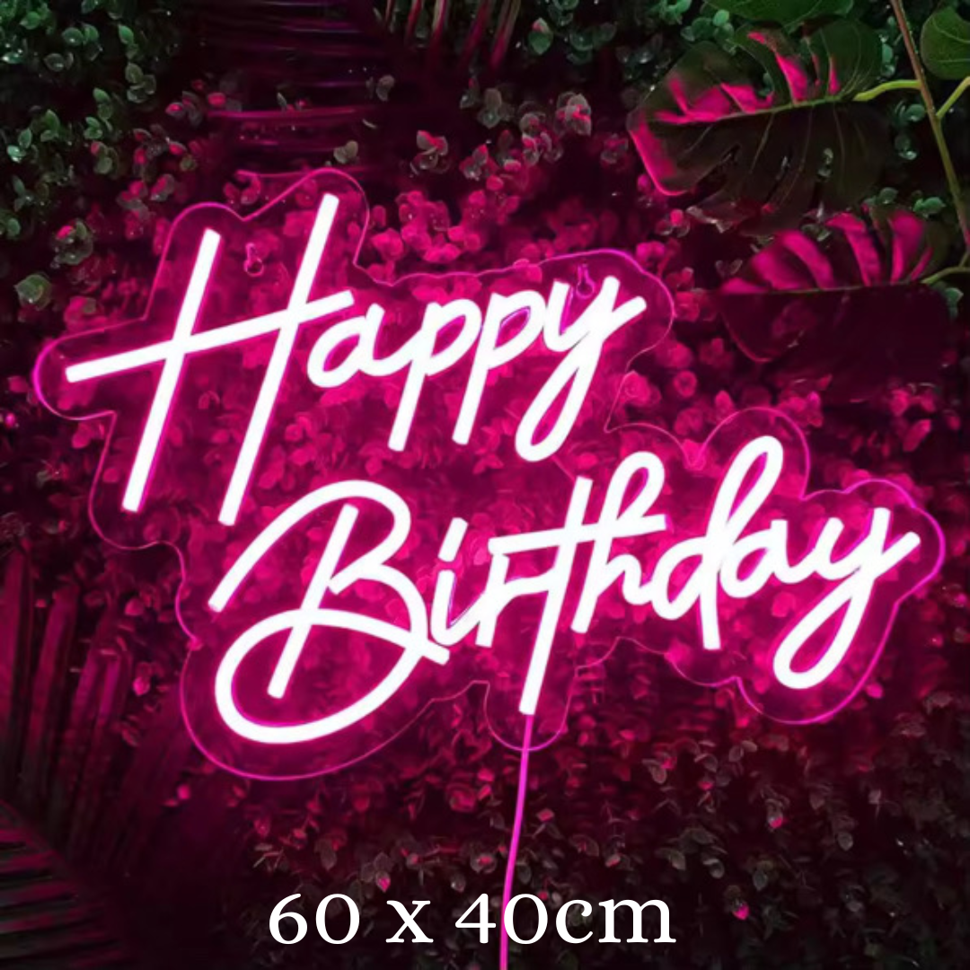 "Happy Birthday" Pink Neon Led Sign - 60 x 40cm for rent