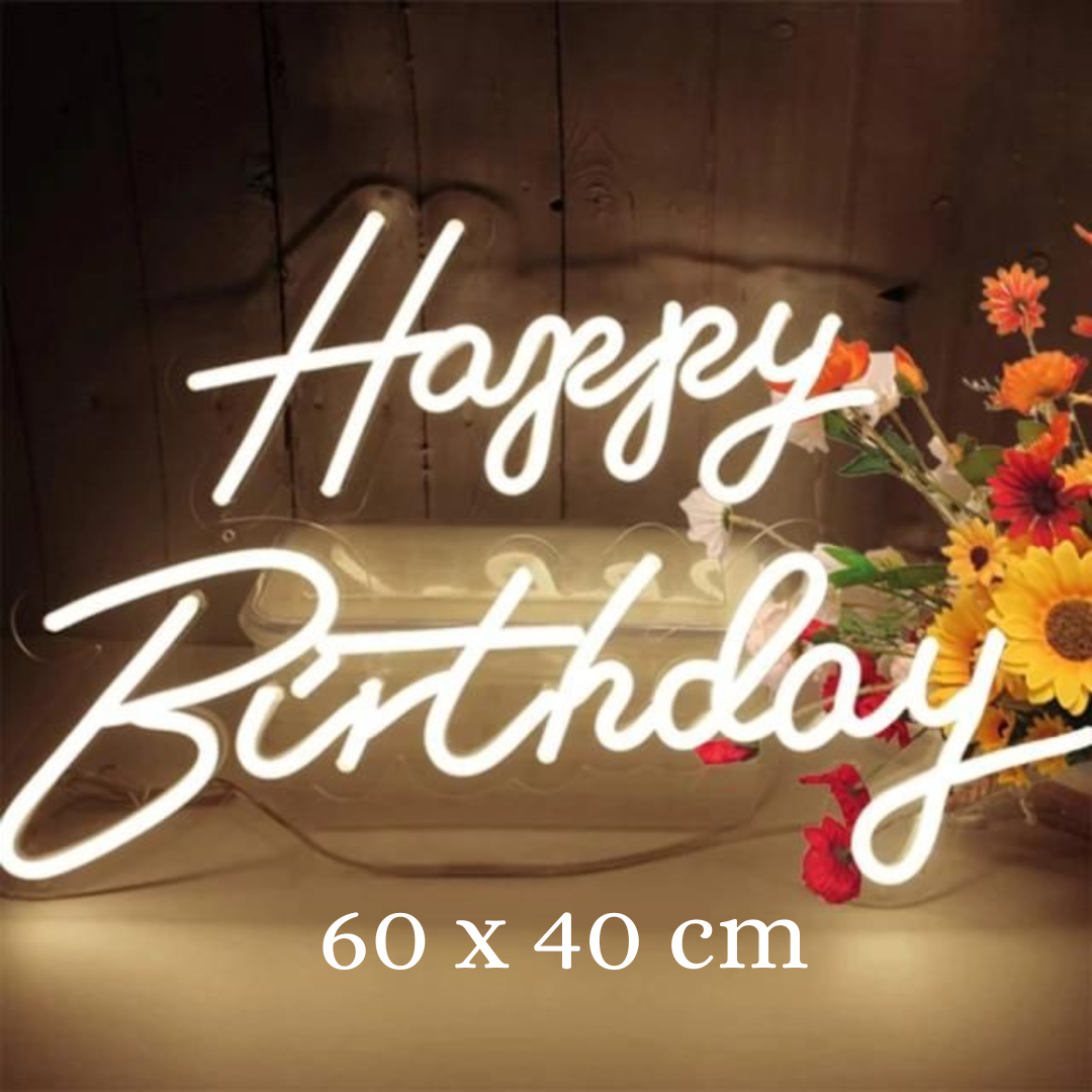 "Happy Birthday" White Neon Led Sign - 60 x 40 cm for Rent