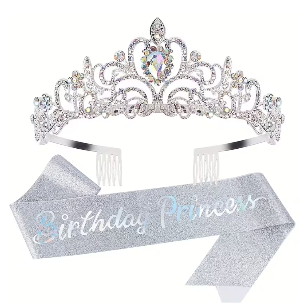 Silver Birthday Princess Sash and Crown Set