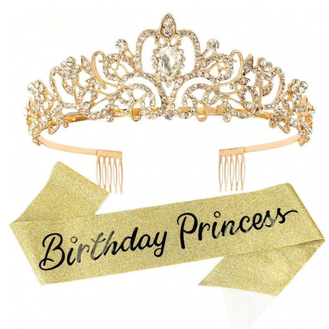 Gold Birthday Princess Sash and Crown Set